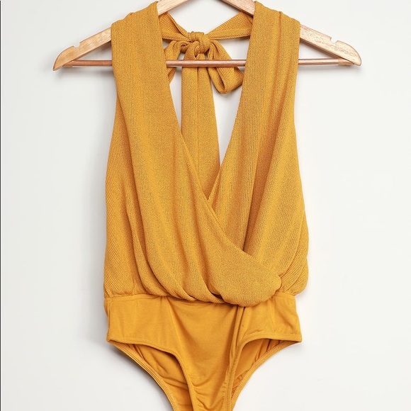 Mustard Yellow Faux-Wrap Knit Halter Bodysuit - Picture 5 of 7